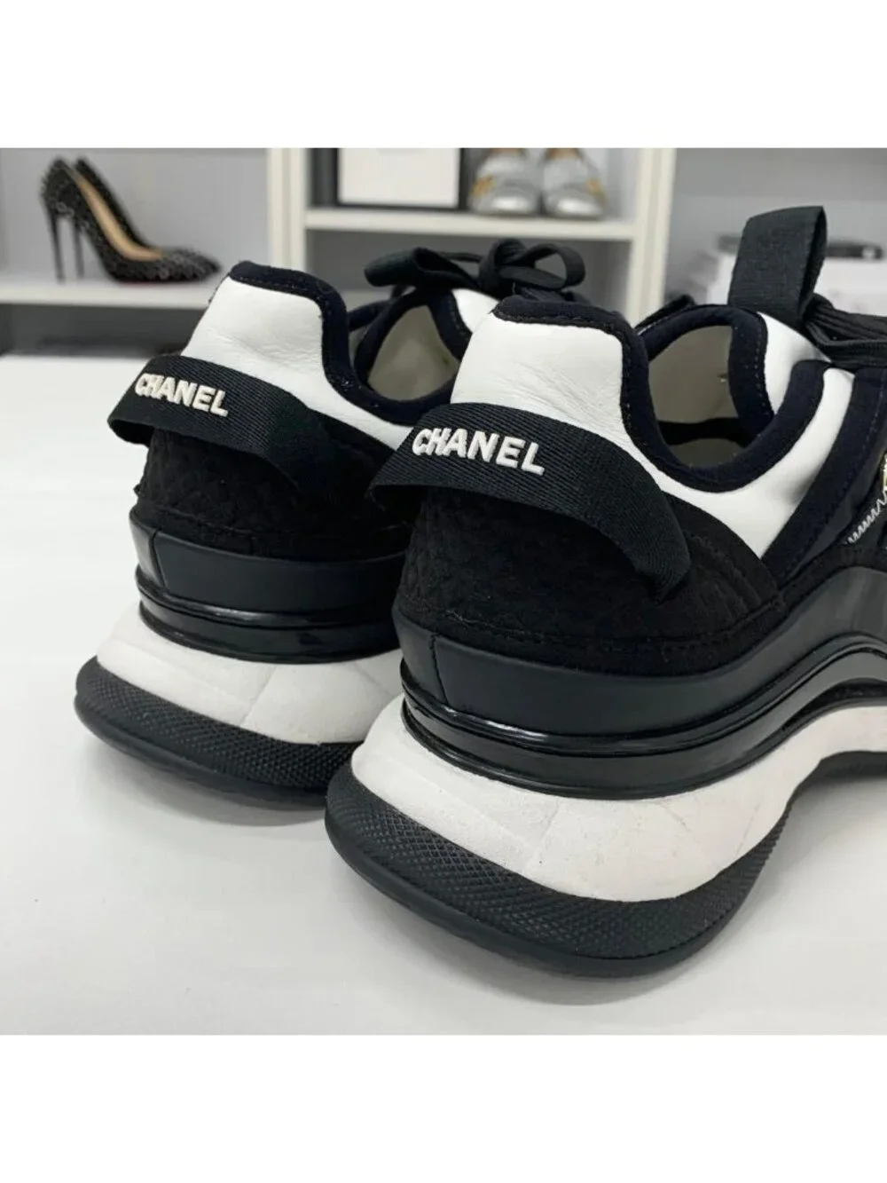 Chanel CC Logo Fabric Leather Sneakers Black White